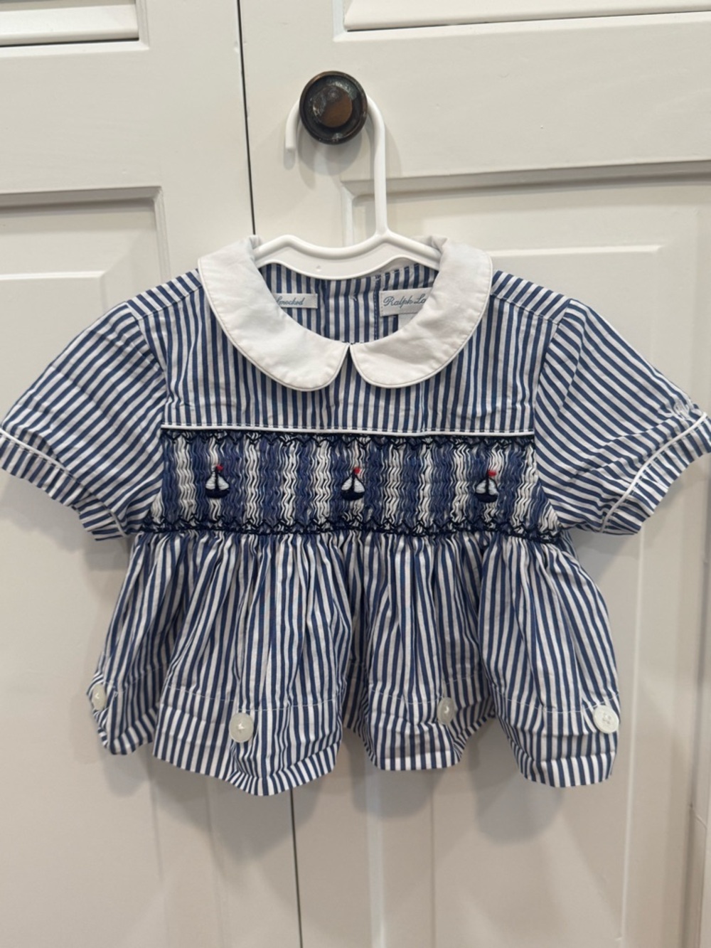 Ralph Lauren Boys’ Blue and White Nautical Sailboat Hand Smocked Shirt Size 12M